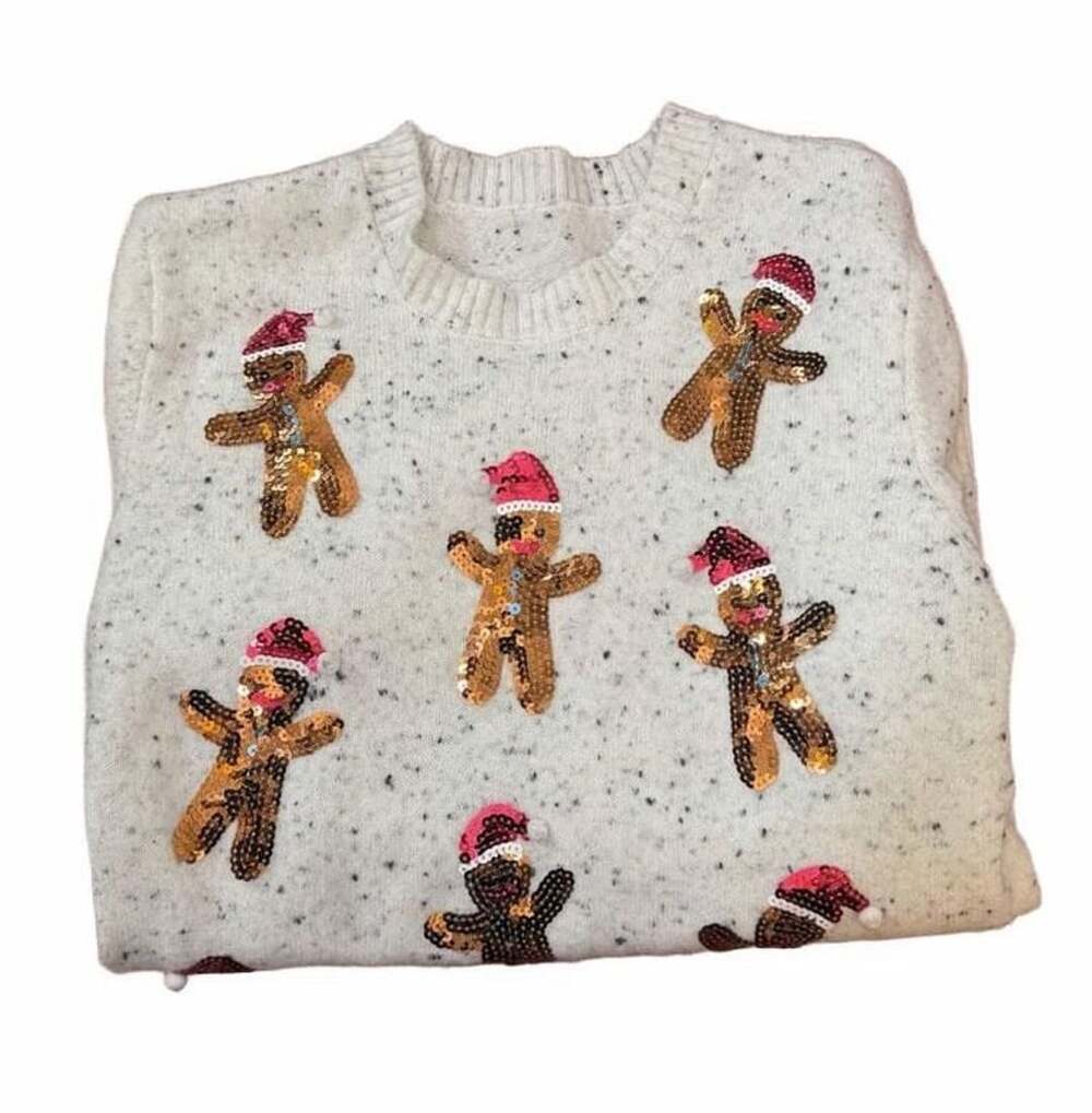 Holiday Crew Neck Sweater White Sequin Gingerbread